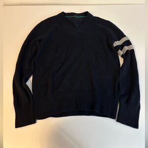 NWOT Banana Republic Sample Navy V-Neck Sweater with Gray Sleeve Stripes